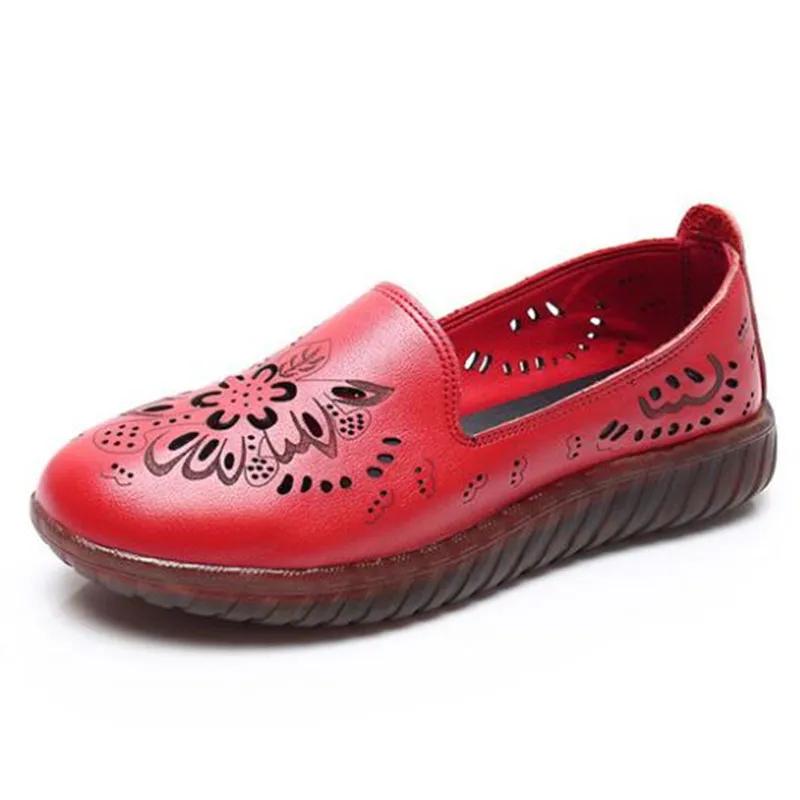 

2020 Summer New Hollow Breathable Casual Shoes Comfortable Cool Shallow Women Leather Shoes Soft Bottom Non-slip Wear Flat Shoes