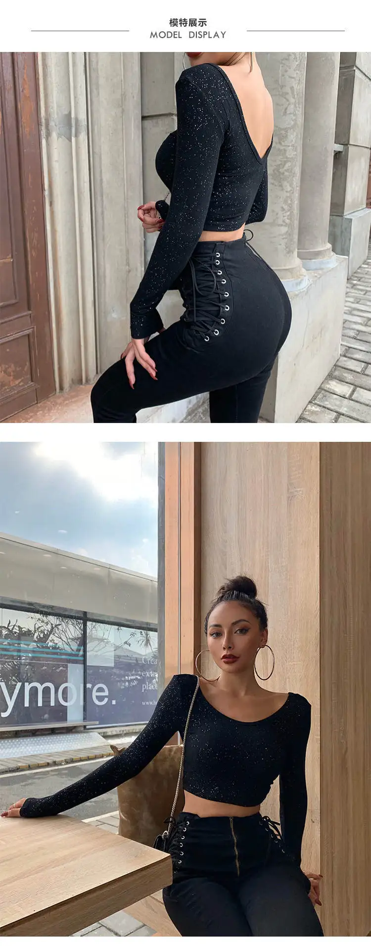 XIBANI Sexy low chest open back top women long sleeve tight bottoming shirt autumn shining nightclub clothing women short black