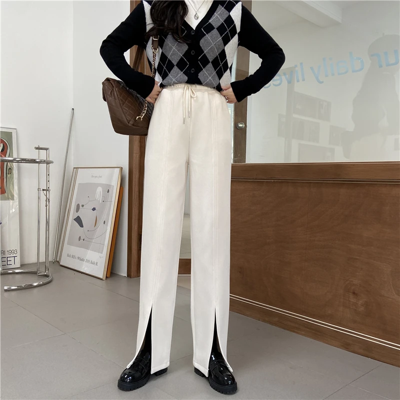 

Harajuku Plus Size Straight Female Trousers New Solid High Waist Slim OL Elegant Women Casual Loose-fitting Split Pants