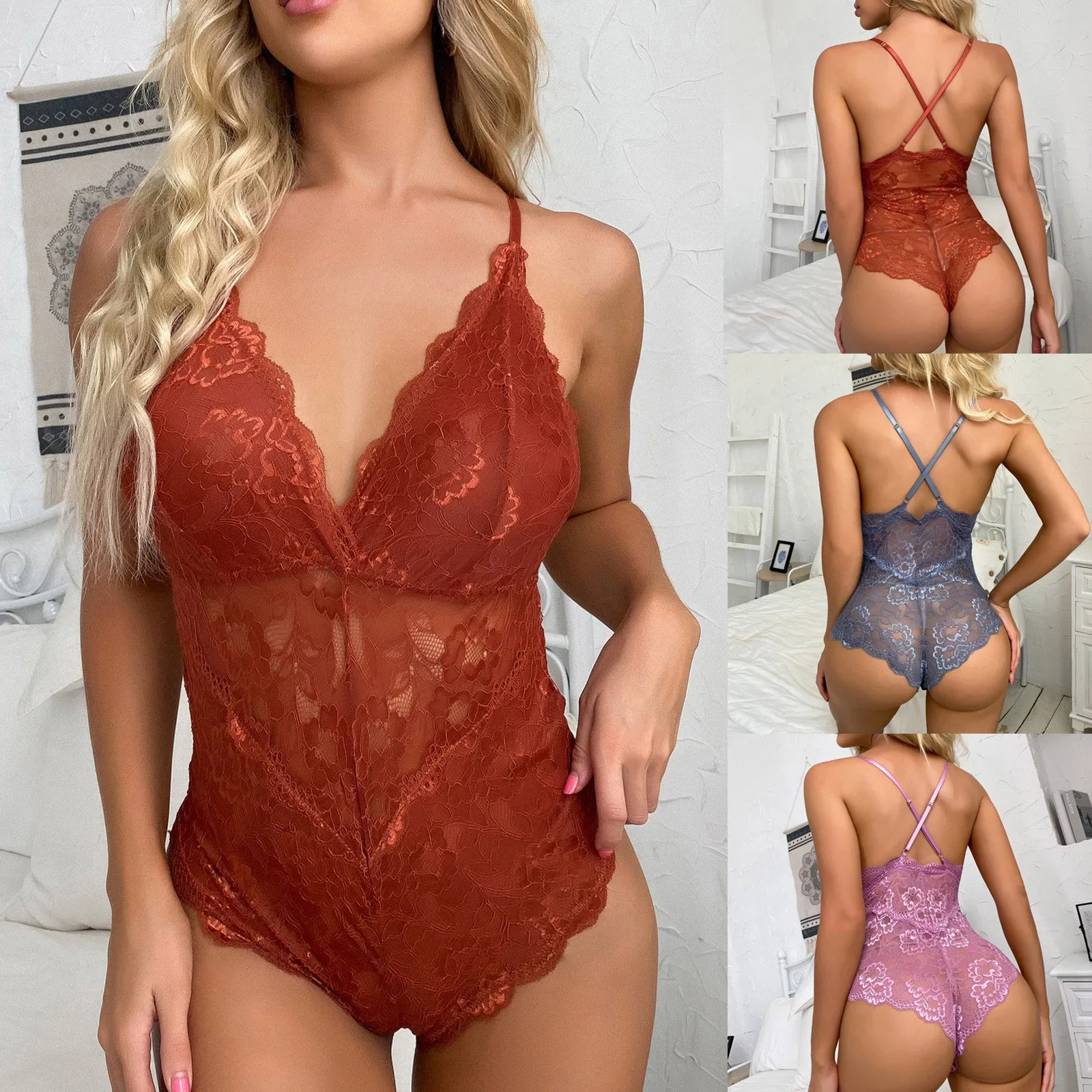 Fashion Women Sleeveless Floral Embroidery Transparent Deep V Sexy Lace Bodysuit Lingerie Teddy Underwear Bodydoll Sleepwear#p3 |