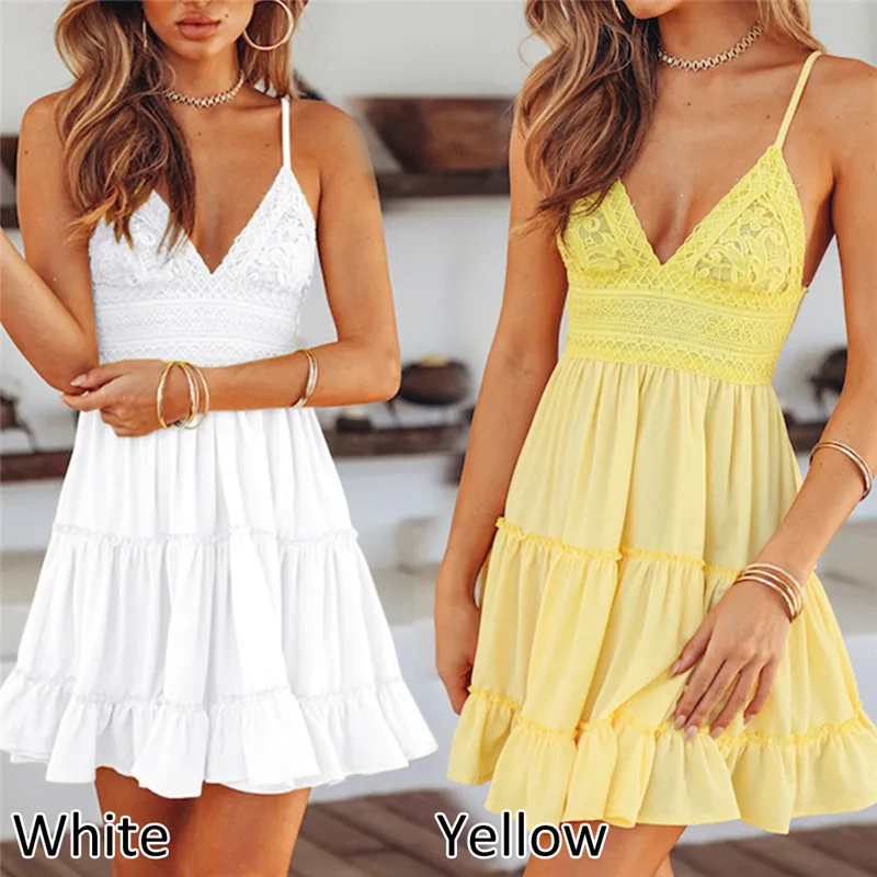 

Summer White Lace Halter Dress for Women Plus Size Solid Backless Beach Dresses Deep V-Neck Sleeveless Spaghetti Strap Sundress