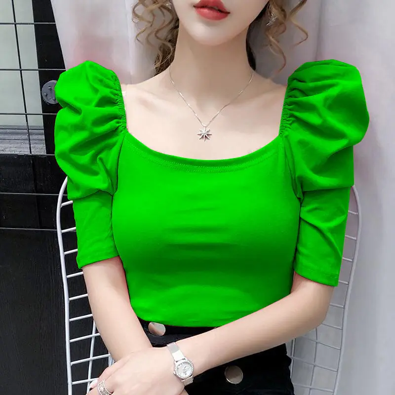 

Женская рубашка с коротким рукавом-фонариком, с высокой талией