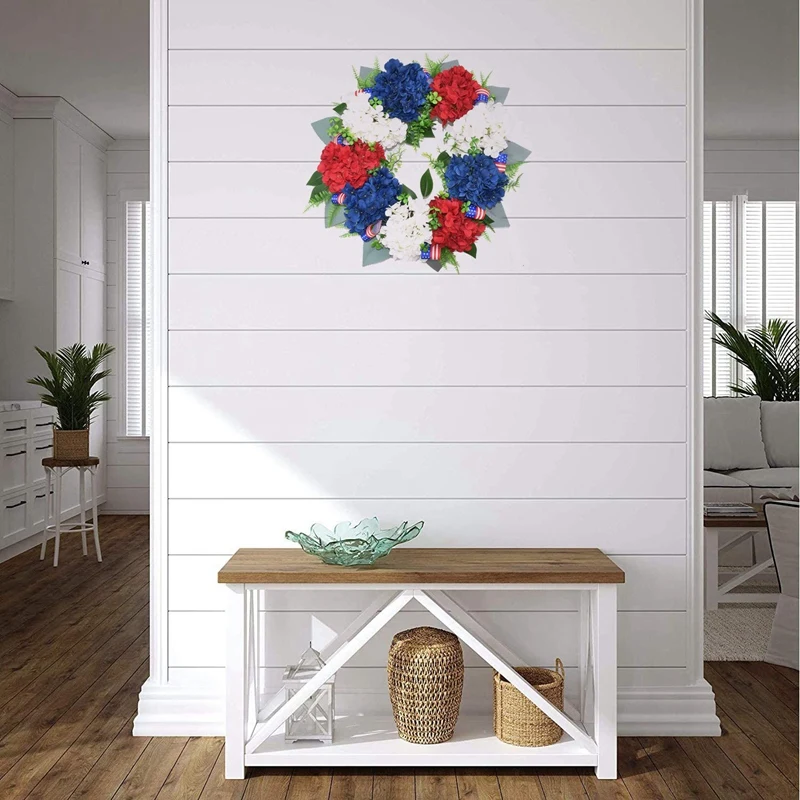 

NEW Artificial Hydrangea Wreath American Patriotic Independence Day Usa July 4Th Decoration for Front Door Wall Window Decor