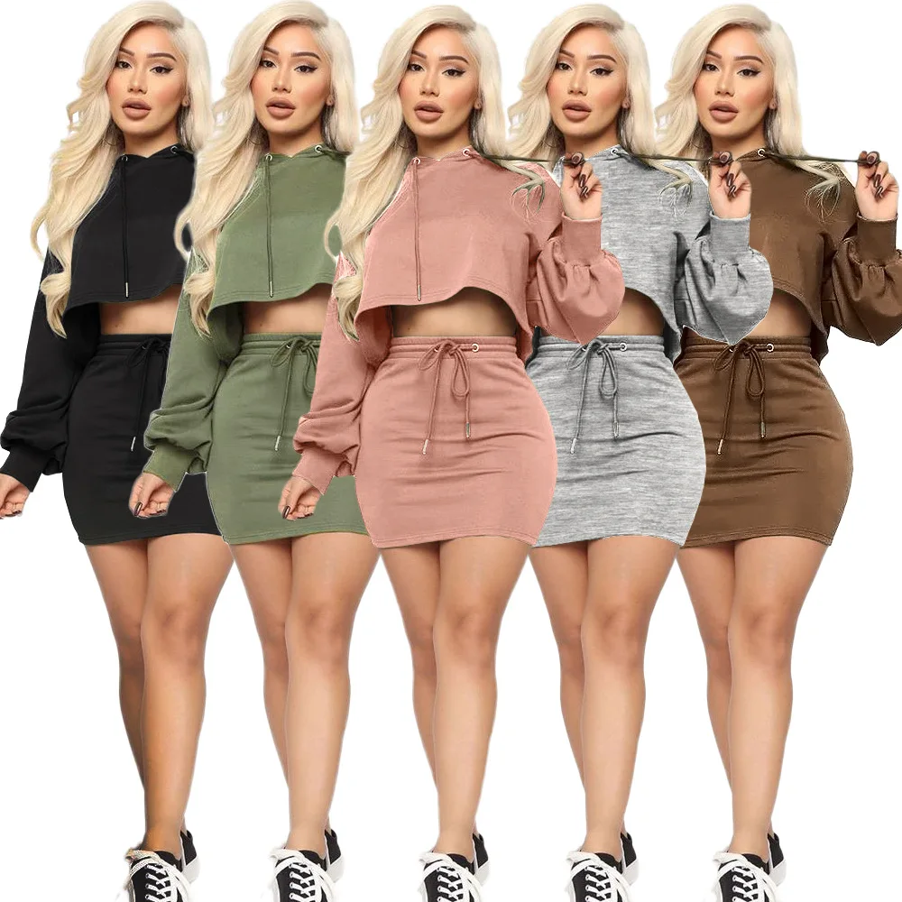 

Ursuper 2021 New Fashion Women Hooded Skirt Two Piece Set Top +Mini Dress Tracksuit Outfits women clothing sets Solid 5 Color