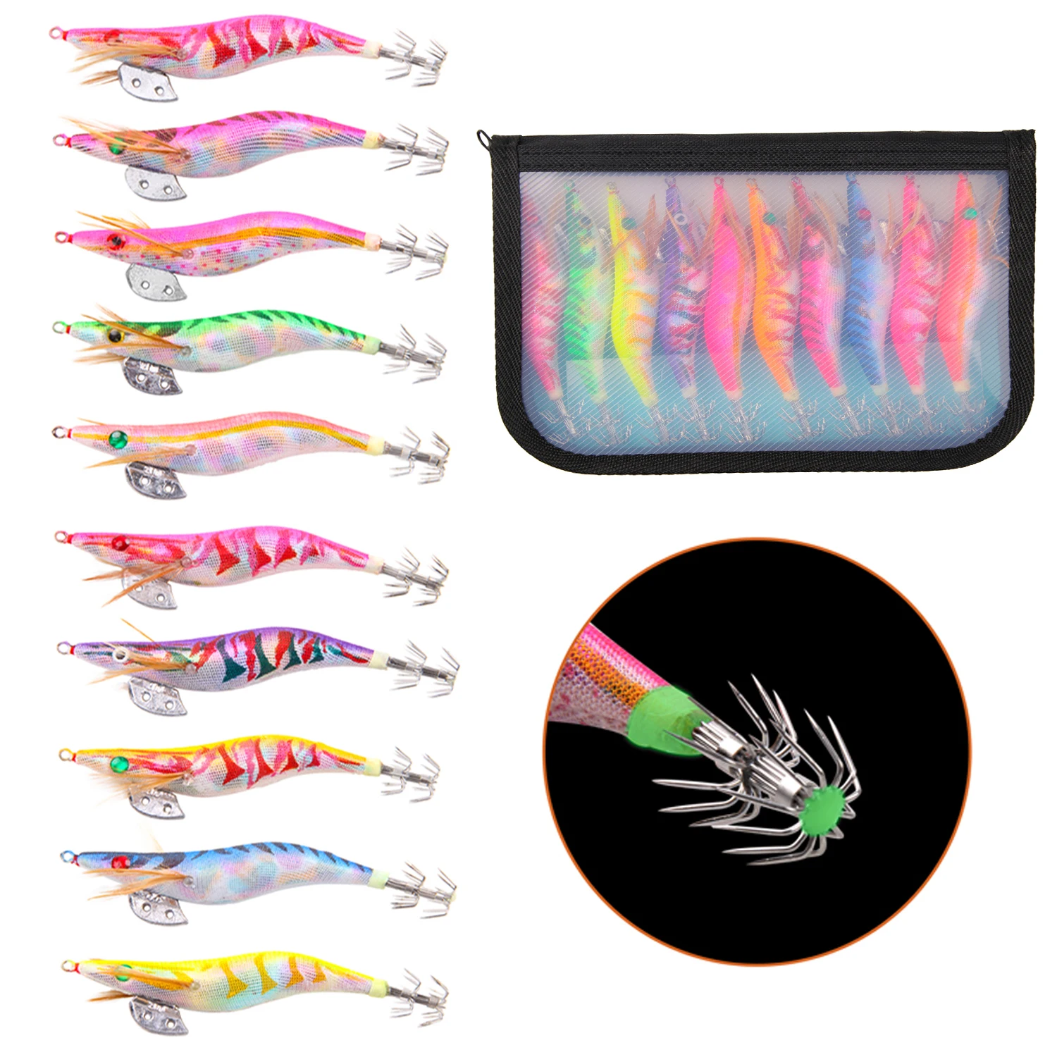 

10pcs Luminous Squid Jigs Hook Wooden Shrimp Artificial Hard Fishing Lures Fishing Bait 10cm-13.5cm