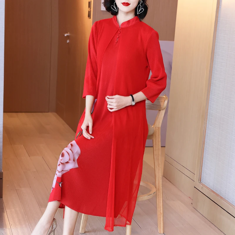

Vintage Red Dress Plus Size For Women 45-75kg Stand Collar Three Quarter Sleeve Loose Printed Faux Two Piece Long Dress