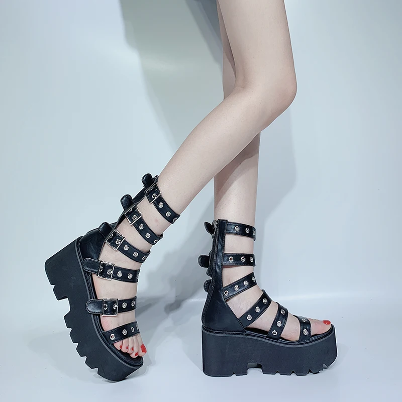 

Black Wedge Platform Gladiator Rivets Women's Sandals Sexy Zipper Buckle High Heels Party Wedding Roman Shoes For Women