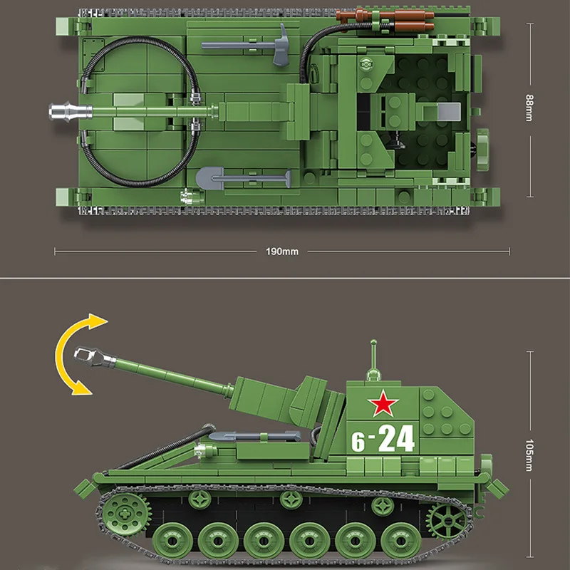 Военная серия Второй мировой войны: советская самоходная артиллерия SU-76 в виде конструктора для сборки модели солдат игрушка в подарок.
