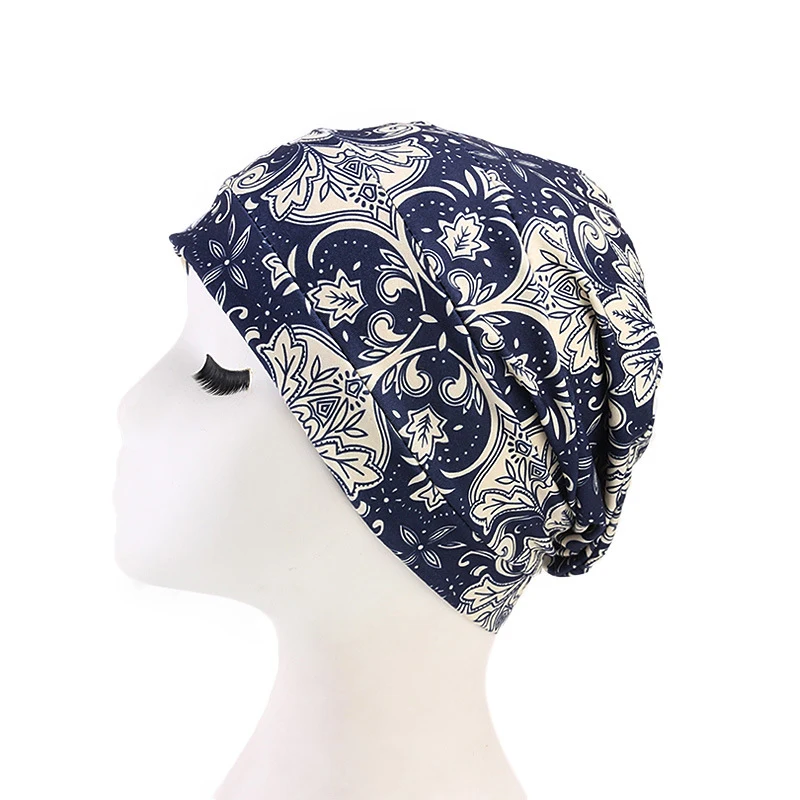 05 navy Blue Мусульманская женская эластичная хлопковая шапка с цветочным принтом, тюрбан, химиотерапия рак, накидка на голову, шапка с арабским исламским чепчиком, шапка для выпадения волос - Цвет: 05 navy Blue