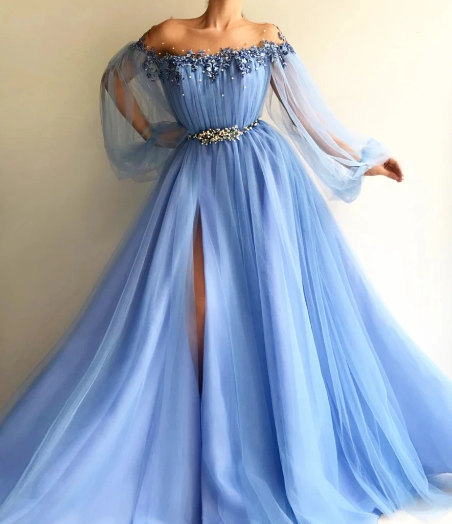 

Sky Blue Moroccan Evening Dresses A-line Long Sleeves Tulle Appliques Pearls Long Turkey Dubai Saudi Arabia Prom Dress Gown