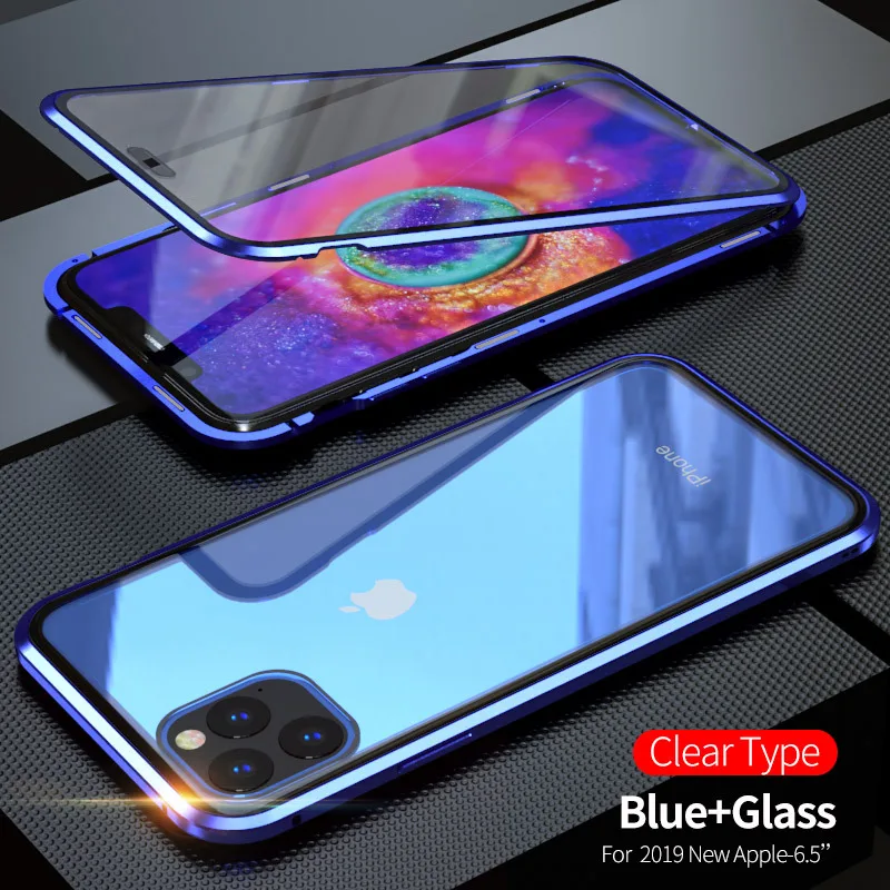 Blue Магнитный чехол Tongdytech для Iphone 11 Pro XS MAX X 7 8 Plus, металлический чехол для телефона, двусторонний чехол из закаленного стекла 360, чехол s - Цвет: Blue