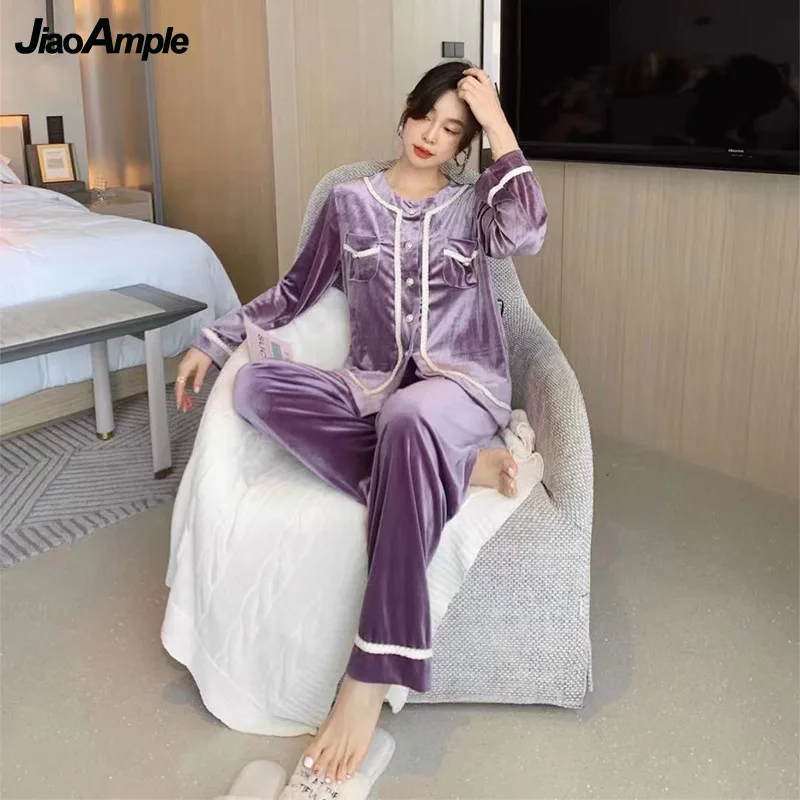 2022 Spring Autumn New Gold Velvet Pajamas Women's Elegant Pearl Button Long-sleeved Trousers Pijamas Suit Female Nightwear Set