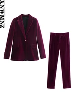 xnwmnz women 2022 fashion single button velvet flap pockets blazer coat high waist zipper side pockets straight fit velvet pants
