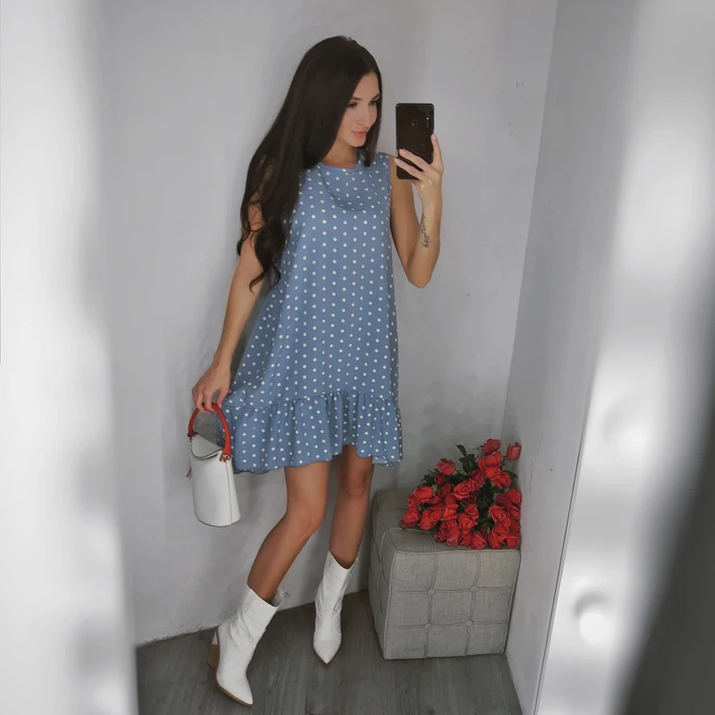 Lossky женское летнее платье модное в горошек без рукавов Пляжное мини повседневные