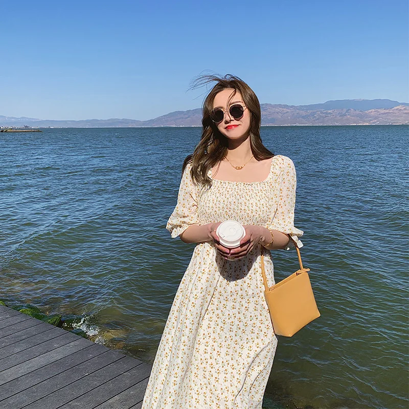

Sweet Fresh Puff Sleeve Floral Dress Women's Summer Square Collar Chiffon Dress Seaside Vacation Beach Fairy Dress