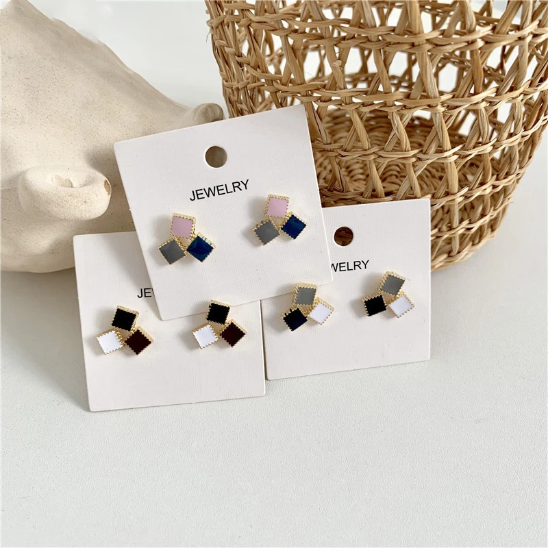 

Korean Simple Small Pink Grey Blue Contrast Color Square Stitching Stud Earrings Cute Pendent Earring for Women Girl Ear Jewelry