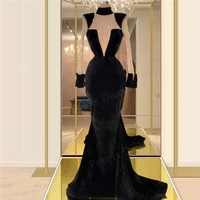 black mermaid prom dresses formal evening gowns 2021 velvet long sleeves muslim middle east women robe de soiree party gowns