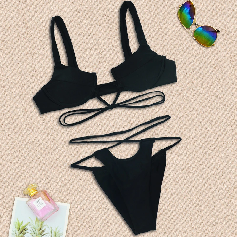 

Sexy Lace-Up Stitching Bikinis Set Women Swimsuit Cross Bandage Swimwear Female Bathing Suit High Waist Hollow Panties Bikini