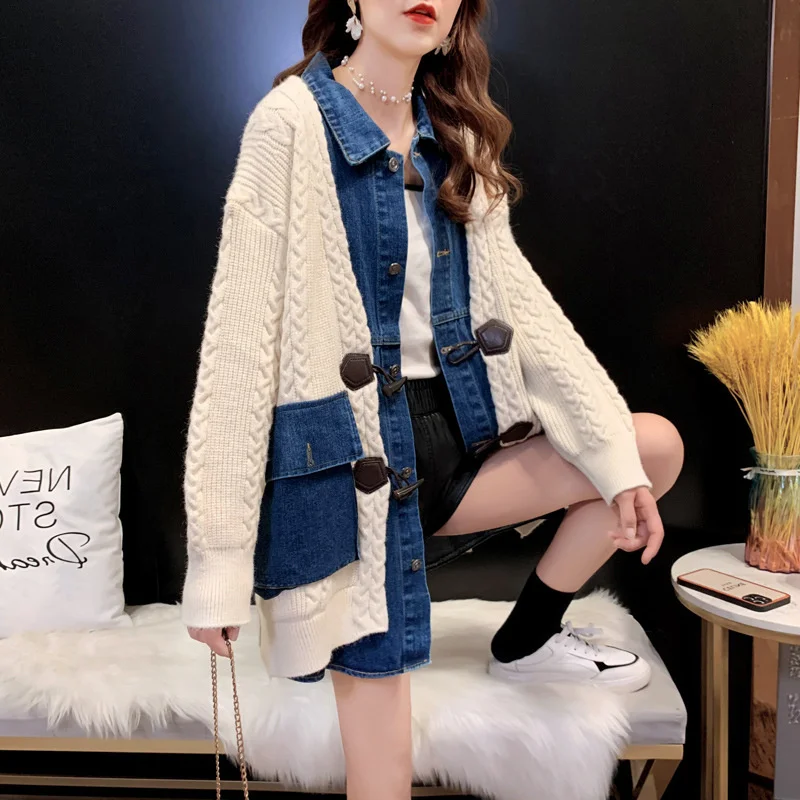 

Sueter Mujer 2021 Autumn Winter New Denim Patchwork Knitted Cardigan Women's All-match Sweater Coat Clothes Fashion Loose Pocket