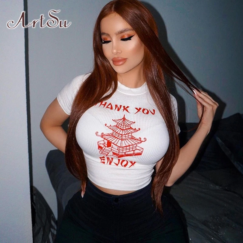 Арцу Модные трикотажные китайский Стиль белого цвета с принтом Топ 2020 лето для