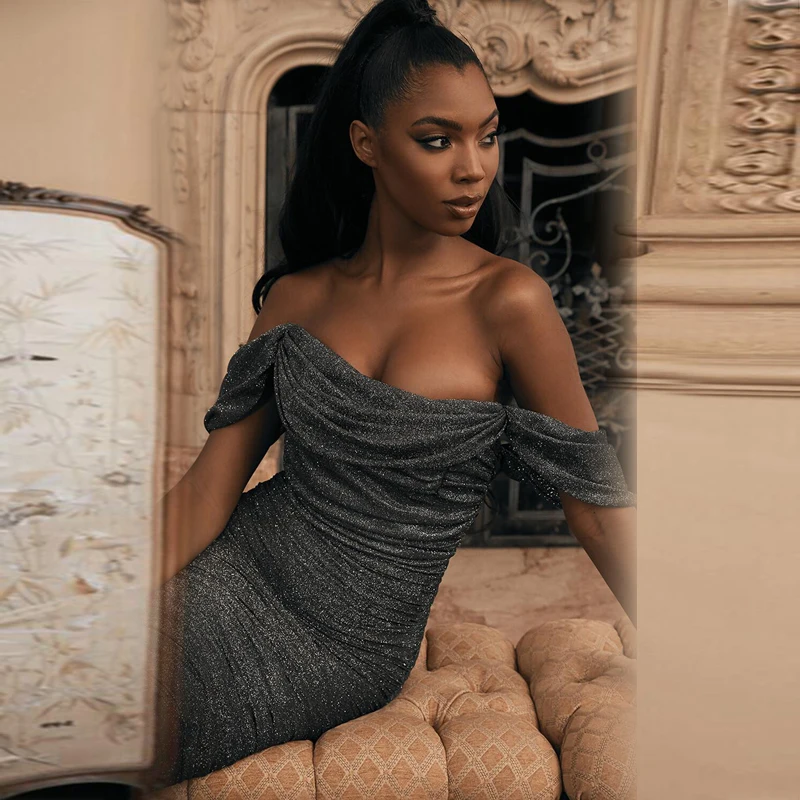 Высокое качество 2019 элегантное серое новейшее летнее платье с открытыми плечами