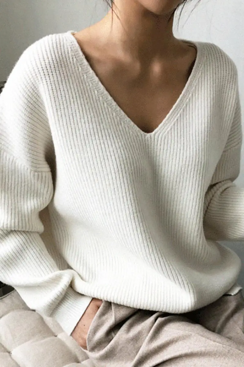 

Pure color brief cropped sweater for women sexy v-neck loose knitted pullover sweaters 2020 fall winter female top