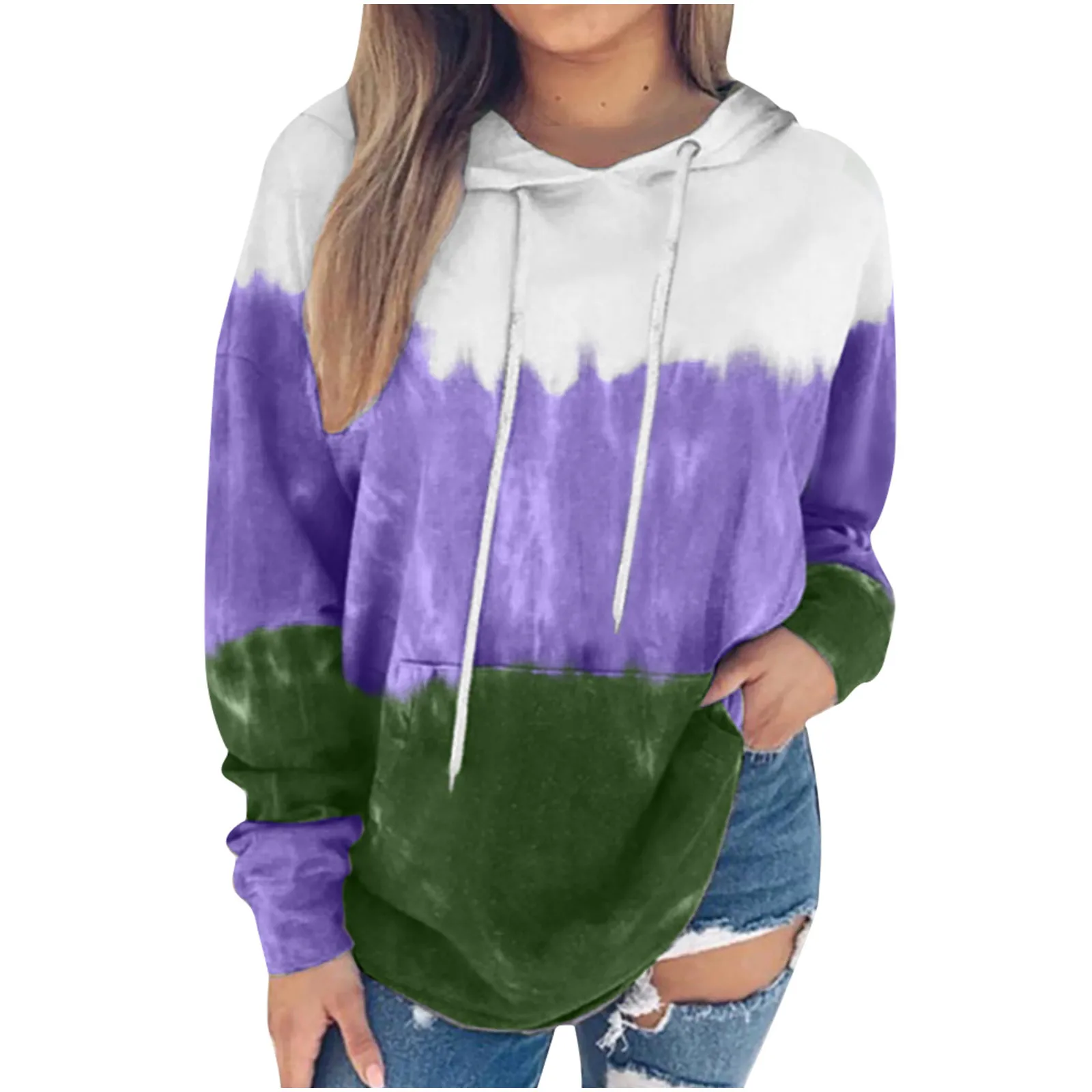 

Hoodies Куртка Женская Fashion Woman O-neck Long Sleeve Printing Hooded Tie-dye Blouse Patchwork Tops Sudaderas Con Capucha