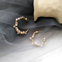 korean fashion new temperament hand woven pearl earrings retro metal c shape knitting winding stud earrings women party jewelry