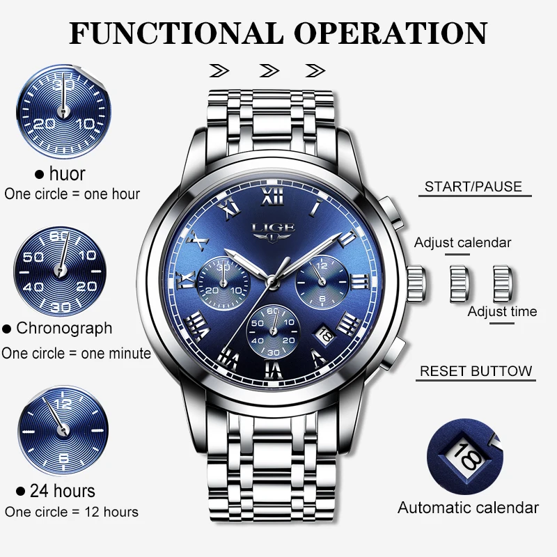 2021 новые часы для мужчин люксовый бренд LIGE Хронограф Мужские спортивные