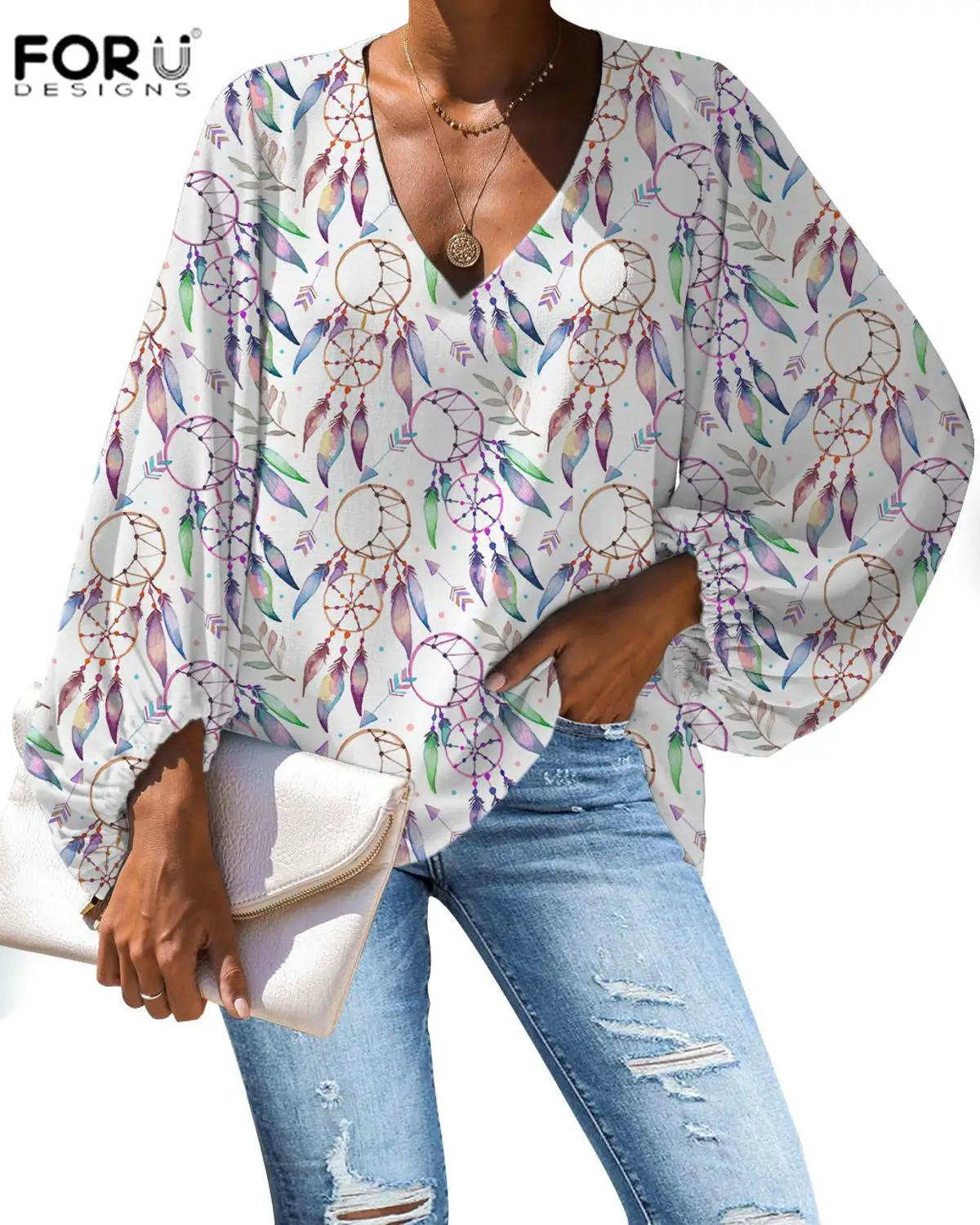 FORUDESIGNS/женская блузка большого размера с орнаментом в стиле бохо Повседневная