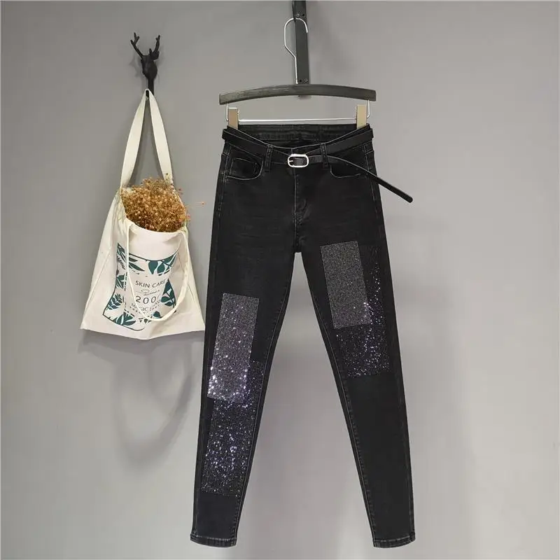 

Heavy Industry Hot Drilling Slim Slimming Nine-point Pants Women 2021 New Fashion High-waist Jeans Pencil Pants Trend