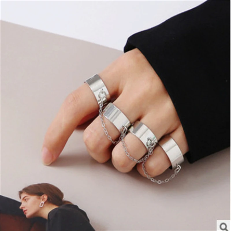 

2021 Trend Rings Punk Cool Hip Hop Multi-layer Adjustable Chain Four Open Finger Rings Alloy man Rotate Rings for Women Jewelry