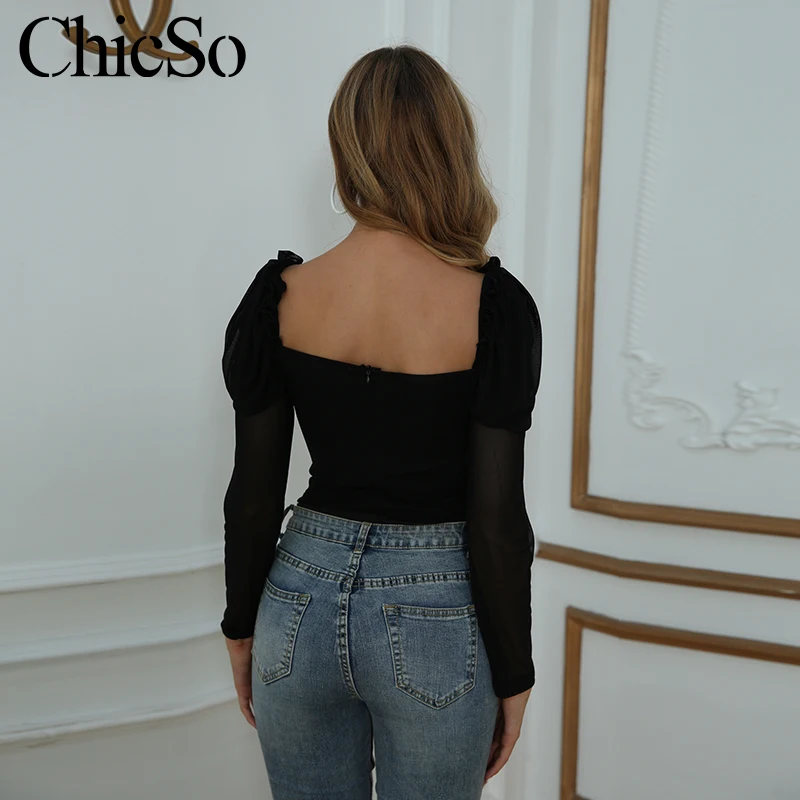 Женский прозрачный комбинезон из сетки MissyChilli черный с длинными рукавами и