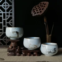 chinese kung fu teacup flat cup ru yao 5oz ceramic crack decoration cup of tea hand draw cartoon cat porcelain drinkware