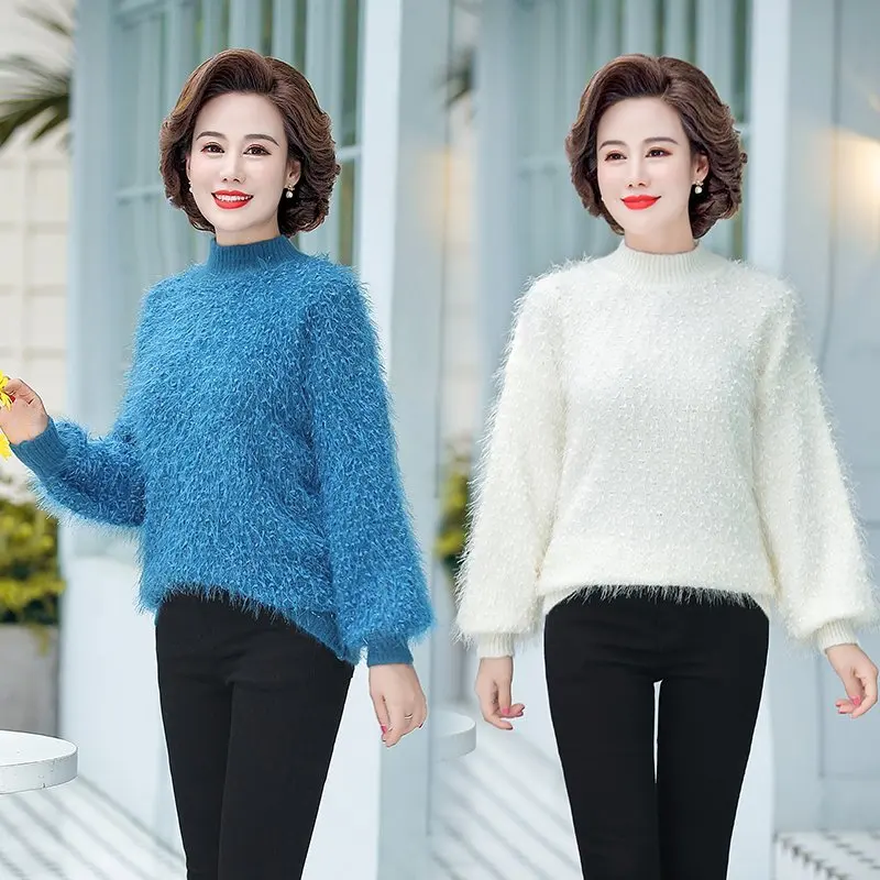 

Mink Velvet, Turtleneck Lantern Sleeve Sweater Women Solid Color Warm Long Sleeve Mid-length Knitted Sweater Pullover Female