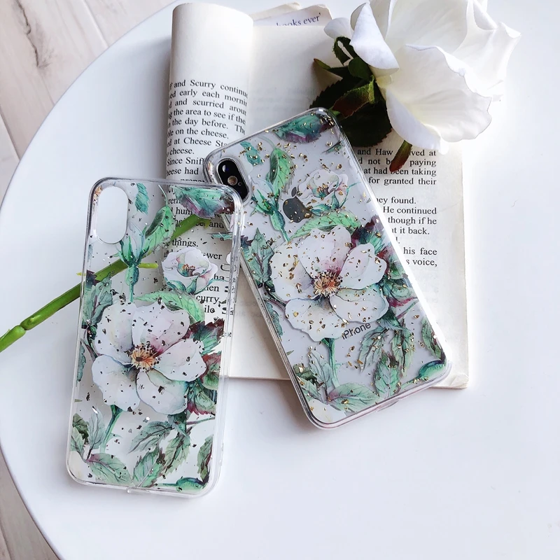 Для iPhone 6 6s 7 8 Plus 10 X XS XR Max Цветочный блеск блестящий золотой фольгой прозрачный