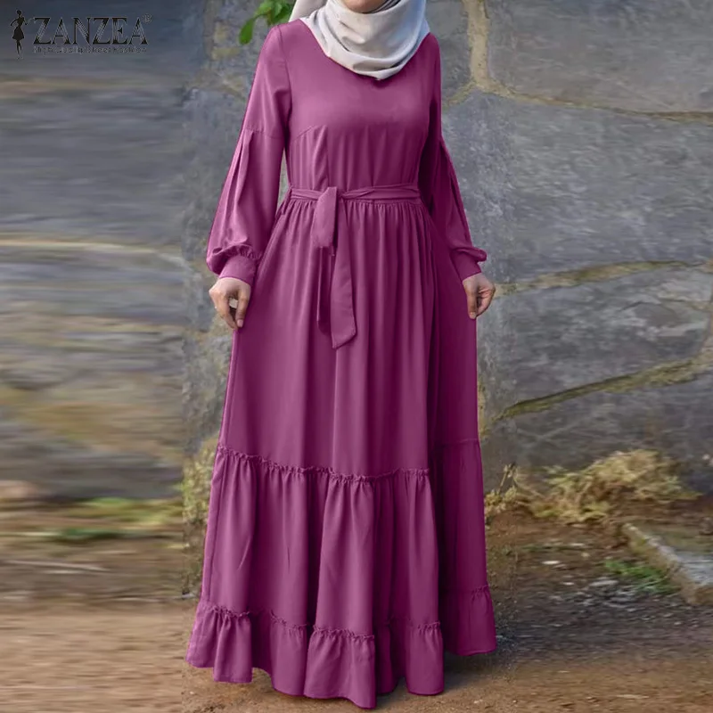Сарафан ZANZEA с оборками на шнуровке, мусульманское модное винтажное однотонное платье Абая, индейка, хиджаб, весеннее п