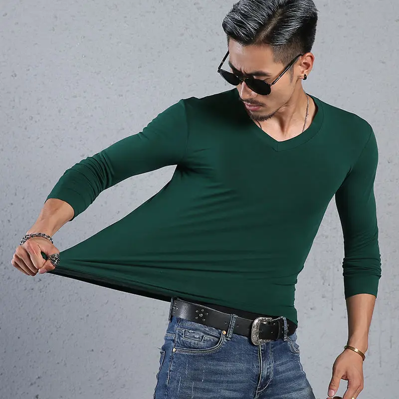 Мужская футболка с V-образным вырезом и длинным рукавом из чистого хлопка | одежда