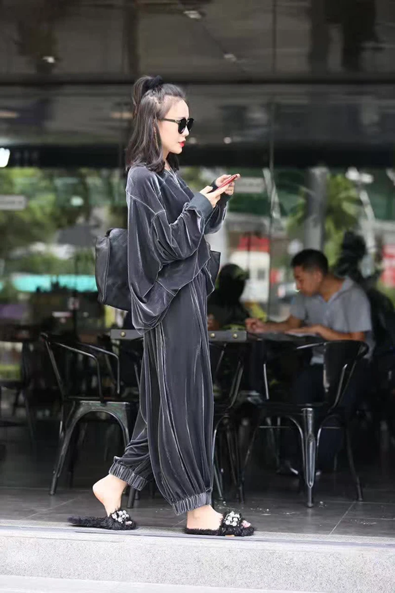 

2 piece set women Suit female 2021 autumn new lady street velvet cardigan and jacket casual suit solid coat +pant suit