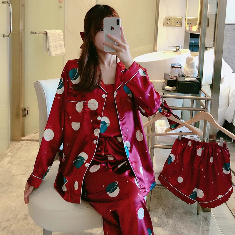 

7 Pieces Women's Pajamas Sets Silk Stain Dot Printed Pyjama Women Sleepwear Spring Summer Autumn Cute Homewear Nightwear Suit