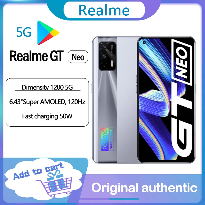 

global ROM Original realme GT Neo 5G SmartPhone 6.43"120Hz SAMOLED Deminsty 1200 4500mAh 50W Fast Charge 64MP Camera Google NFC