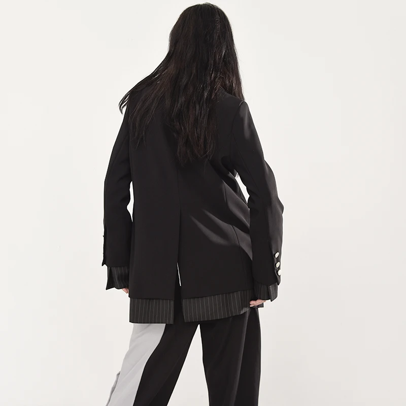 

[EAM] Women Black Striped Spliced Big Size Blazer New Lapel Long Sleeve Loose Fit Jacket Fashion Spring Autumn 2021 1X58301