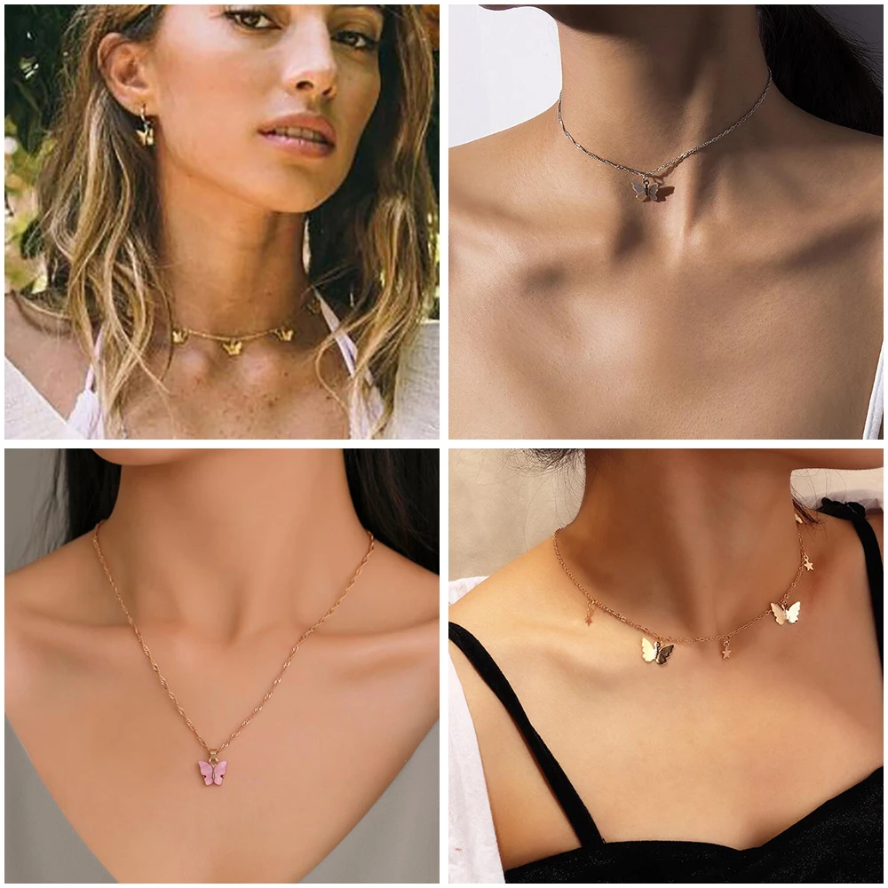 Богемное колье чокер с застежкой бабочкой для женщин цепочка до ключицы золотого