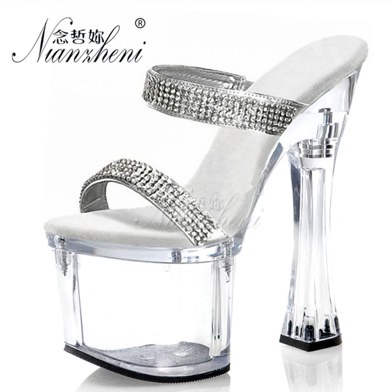 7 Inches Party 18cm Super Platform High Stripper Heeled Pole Dance Shoes Clear Sexy Fetish Womens Slippers Rhinestone Models New