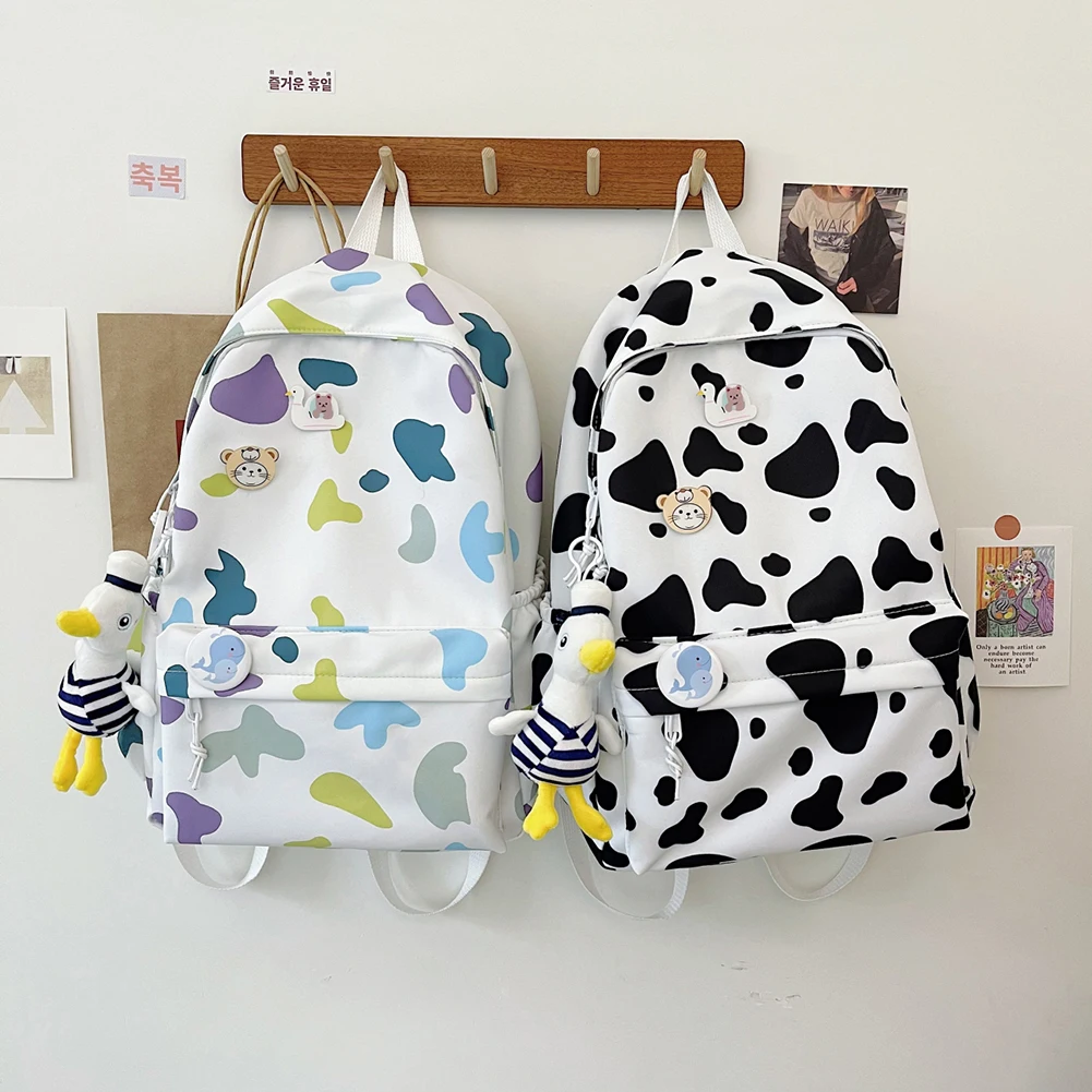 

Fashion Women Cow Spots Printing Backpack Casual Students Large Capacity School Bags for Teenagers Girls Patchwork Rucksack