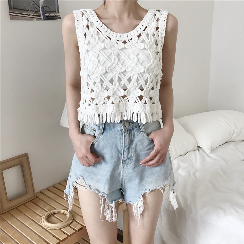 Возможно u образная белая бежевая ткань открытая майка с кисточками без рукавов