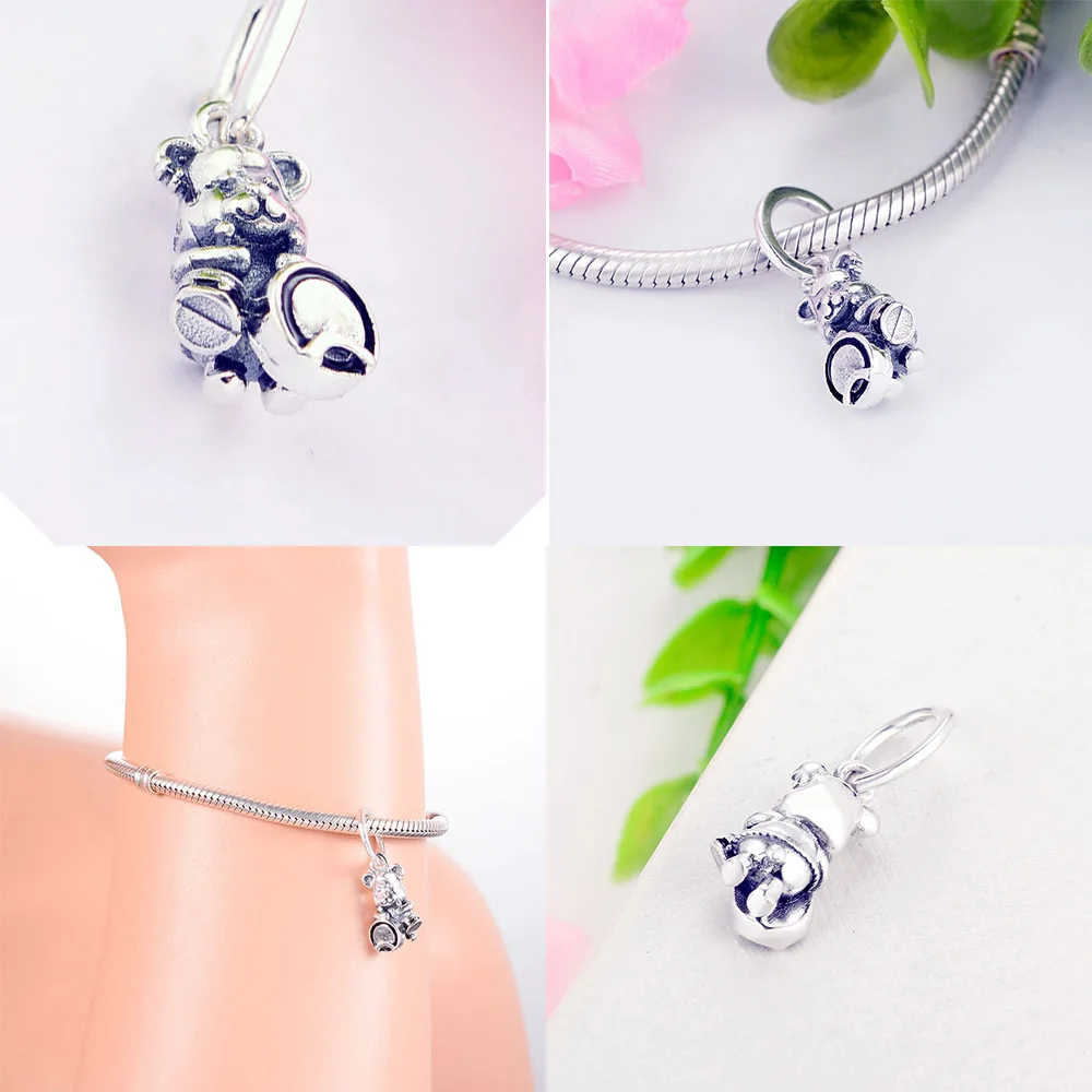 

925 Sliver Playing Bear Drums Crystal Pendant Charms Beads for Women Original Sterling Bracelets Bangle Necklace Jewelry DIY