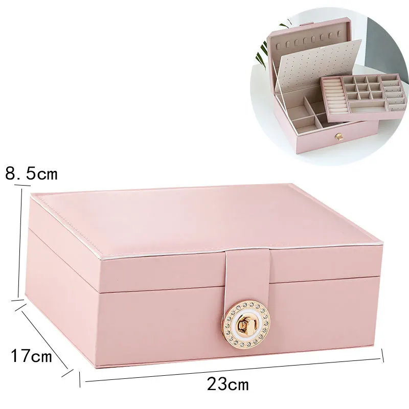 

QM New Exquisite Two Layer Jewelry Organizer Box for Earrings Smooth Leather Jewelry Storage Case Display Holder with Nice Lock