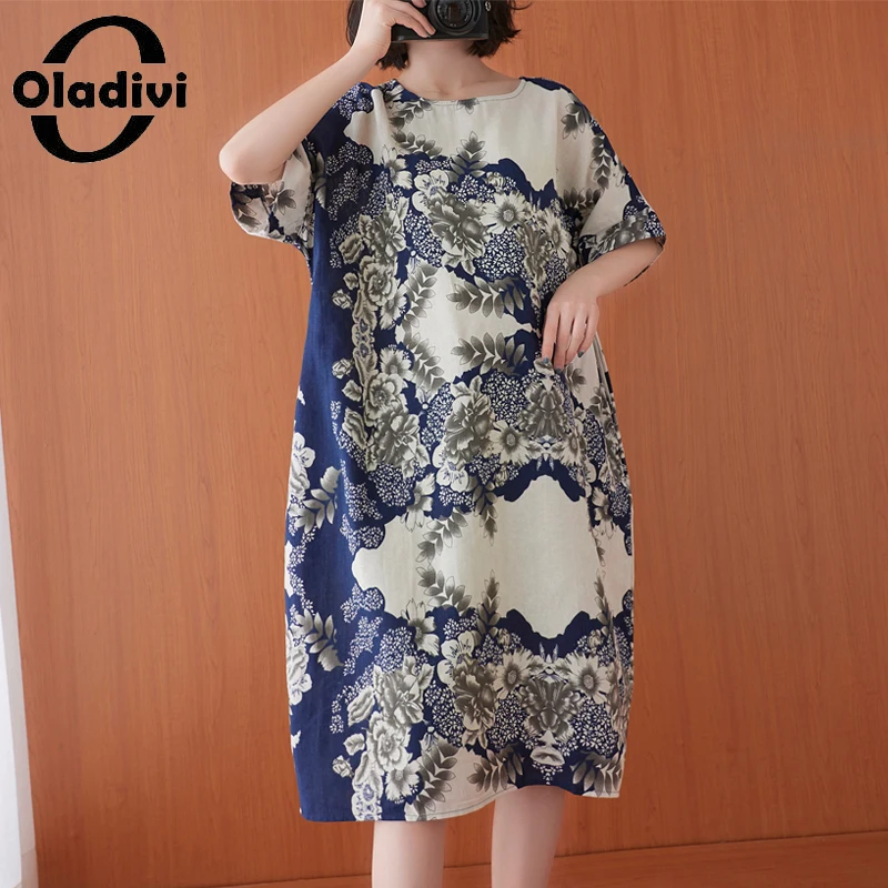 

Oladivi Oversized Women Clothes Fashion Print Cotton Linen Dress Casual Loose Summer Midi Dresses 2021 New Arrival Vestidio Robe
