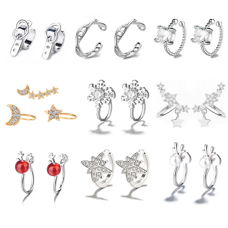 

Star Moon Ear Clips Fake Piercing Ear Cuff Simple Zircon Clip On Earrings for Women Elk Christmas Ear Clip Jewelry Party Gift